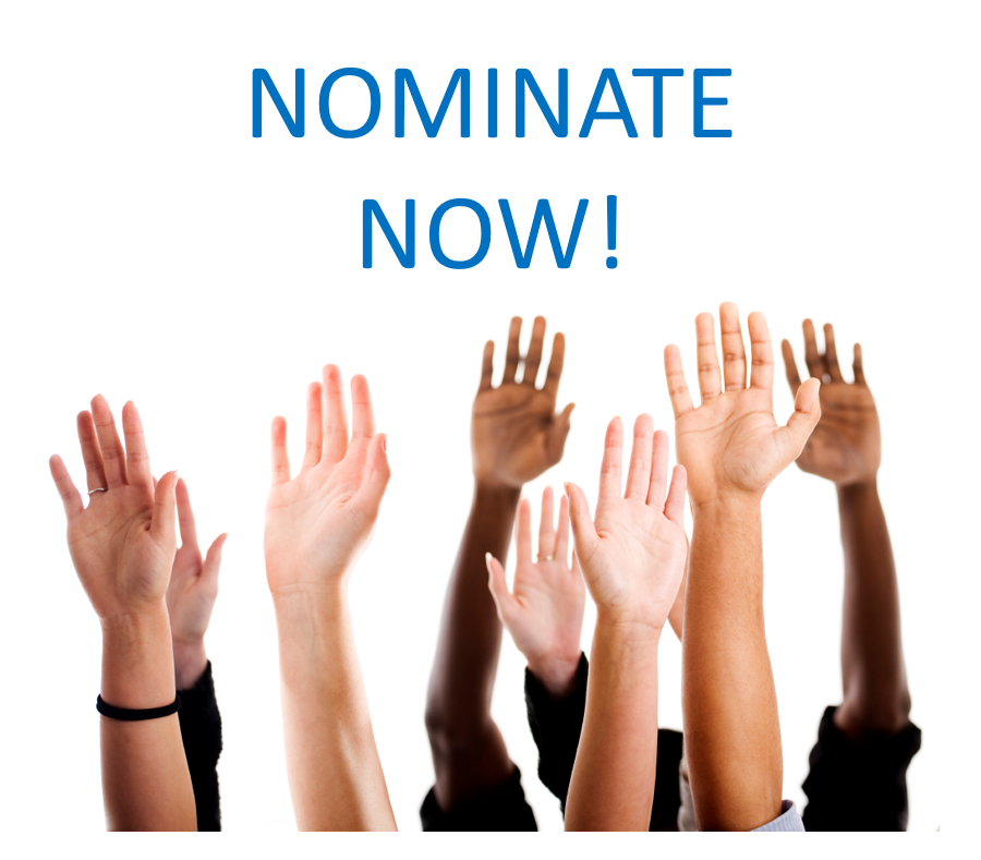 A picture with hands in different colors raised up, with the words "Nominate Now" on top